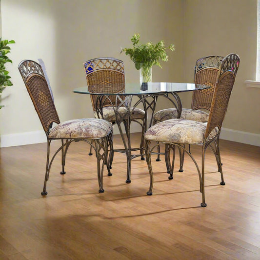 Brushed Bronze Sq Glass Top Rattan Dining Table + 4 Chairs - Habroc - Online ReStore