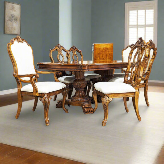 Carved Double Pedestal Dining Table 2 Leaves + 6 Upholstered Chairs - Habitat Oakland ReStores