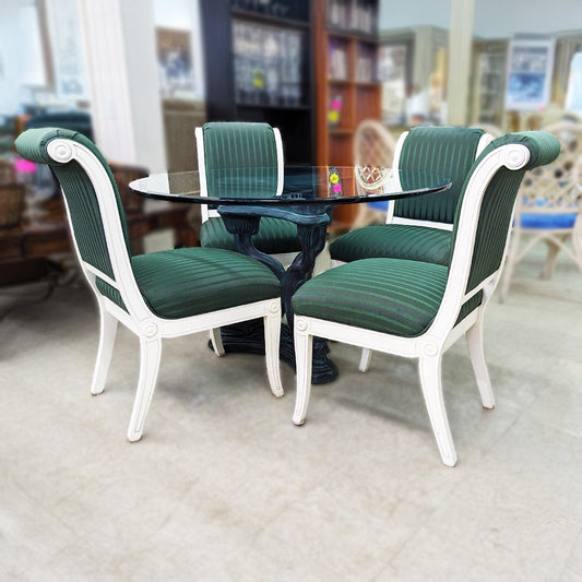 Round Bevel Glass Plaster Pedestal Table + 4 Green Upholstered Chairs - Habroc - Online ReStore