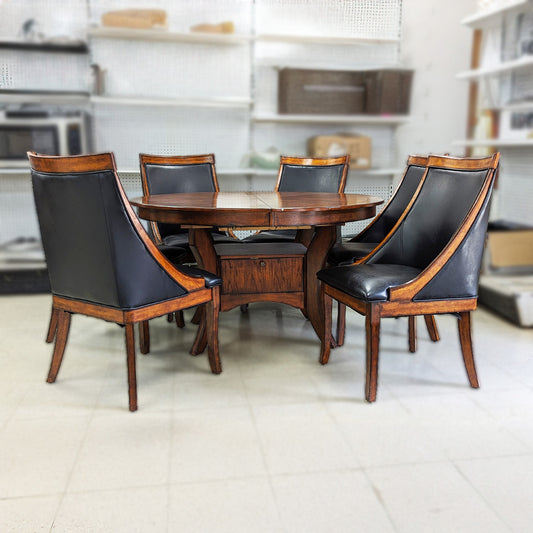 Aspen Round Dining + 6 Mahogany Leather Chairs
