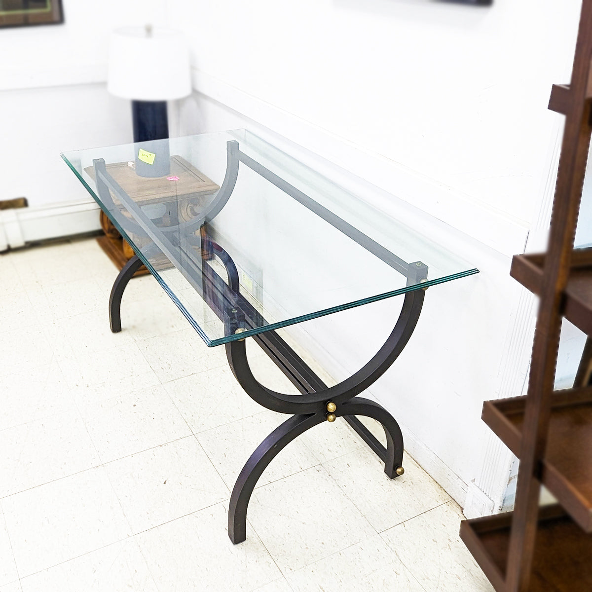 Black Lacquered Steel Curule Base Writing Table With Brass Appointments - Habroc - Online ReStore
