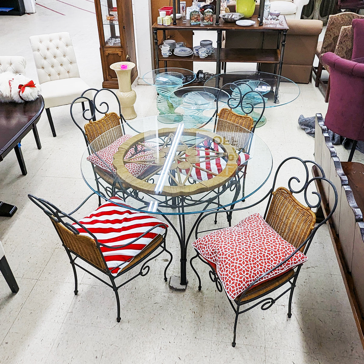 Bevel Glass Wrought Iron Bistro Table + 4 Chairs w/Red Accent Pillows - Habroc - Online ReStore