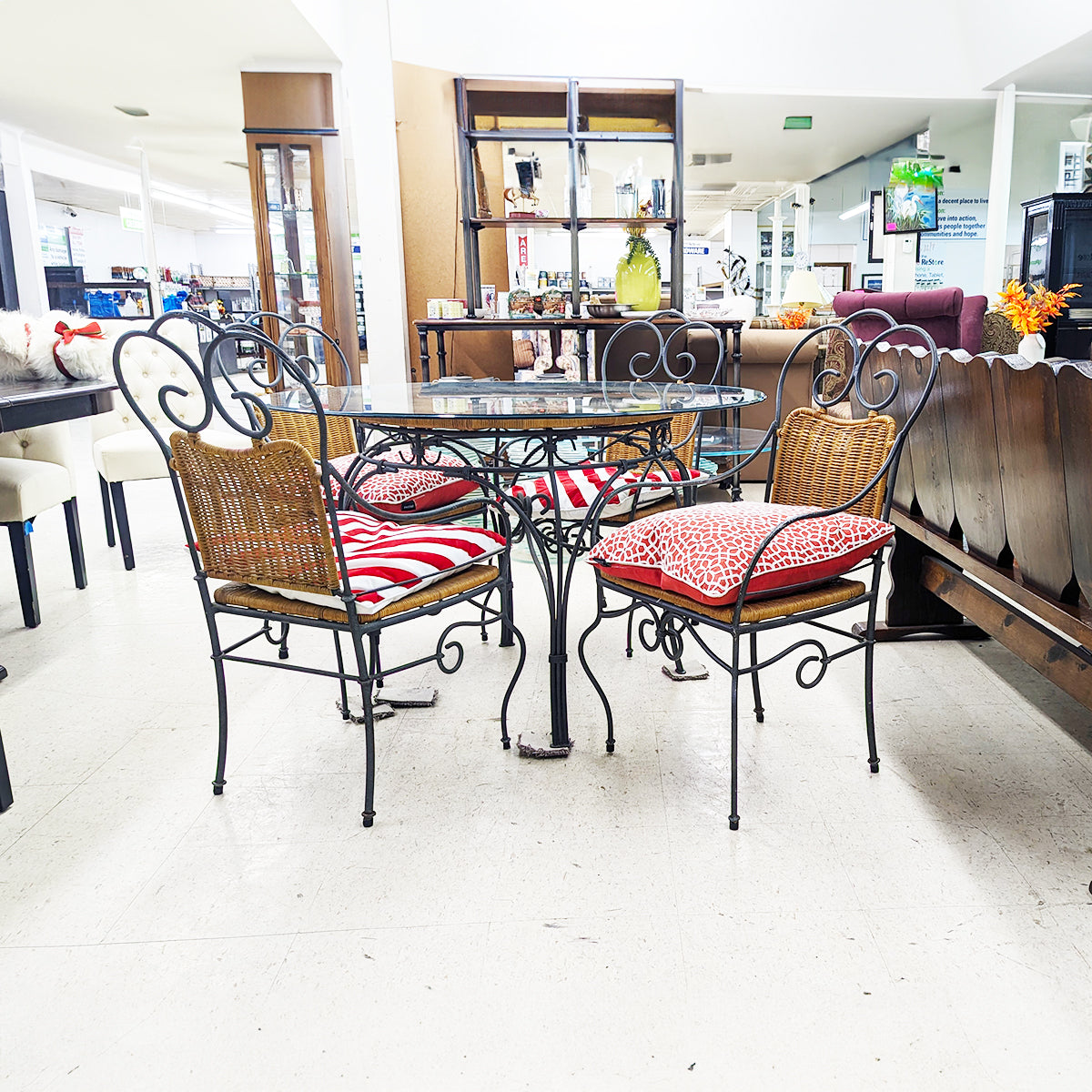 Bevel Glass Wrought Iron Bistro Table + 4 Chairs w/Red Accent Pillows - Habroc - Online ReStore