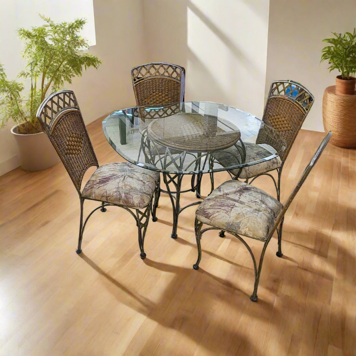 Brushed Bronze Sq Glass Top Rattan Dining Table + 4 Chairs - Habroc - Online ReStore