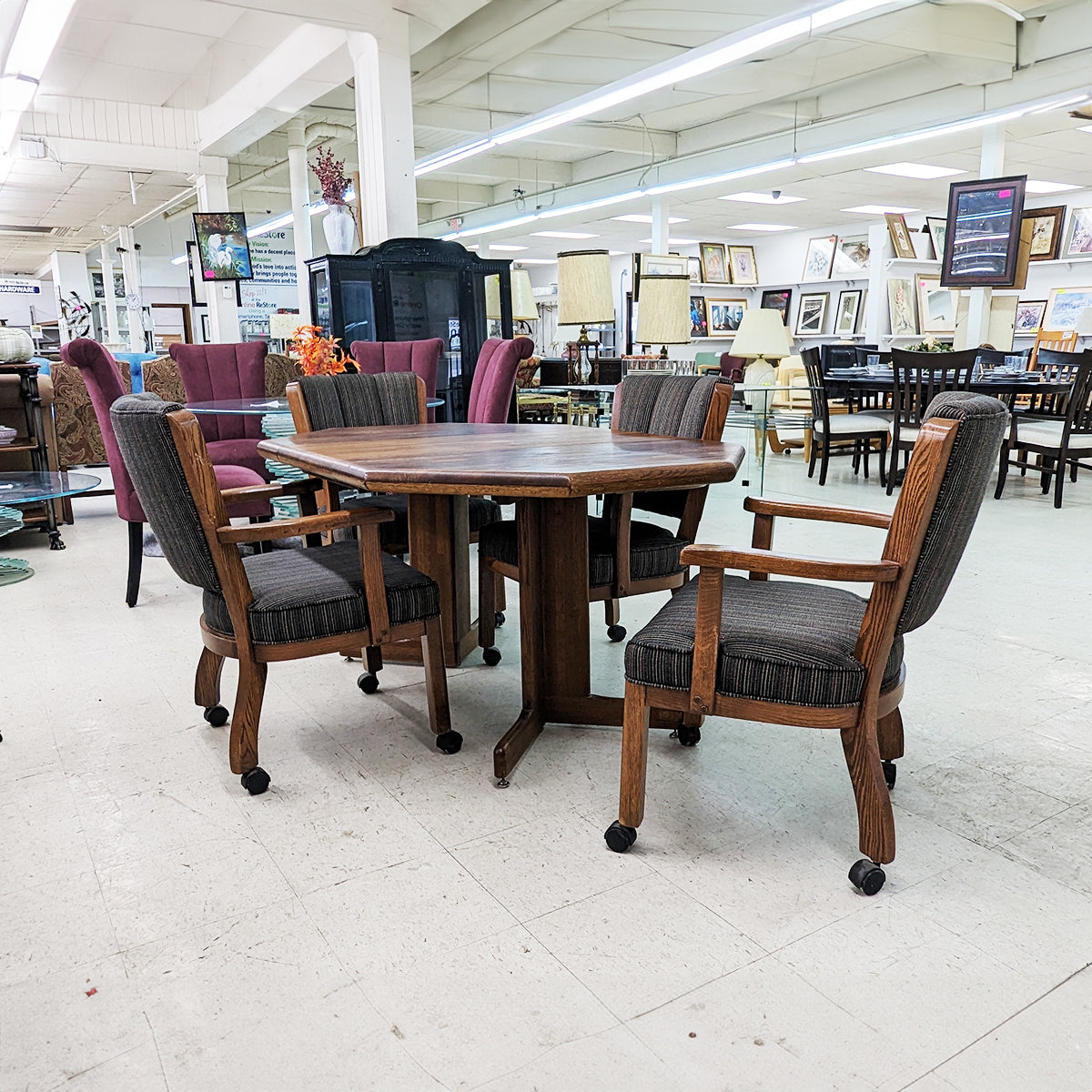 Dark Brown Dining/Game Table + 4 Chairs w/Casters - Habroc - Online ReStore