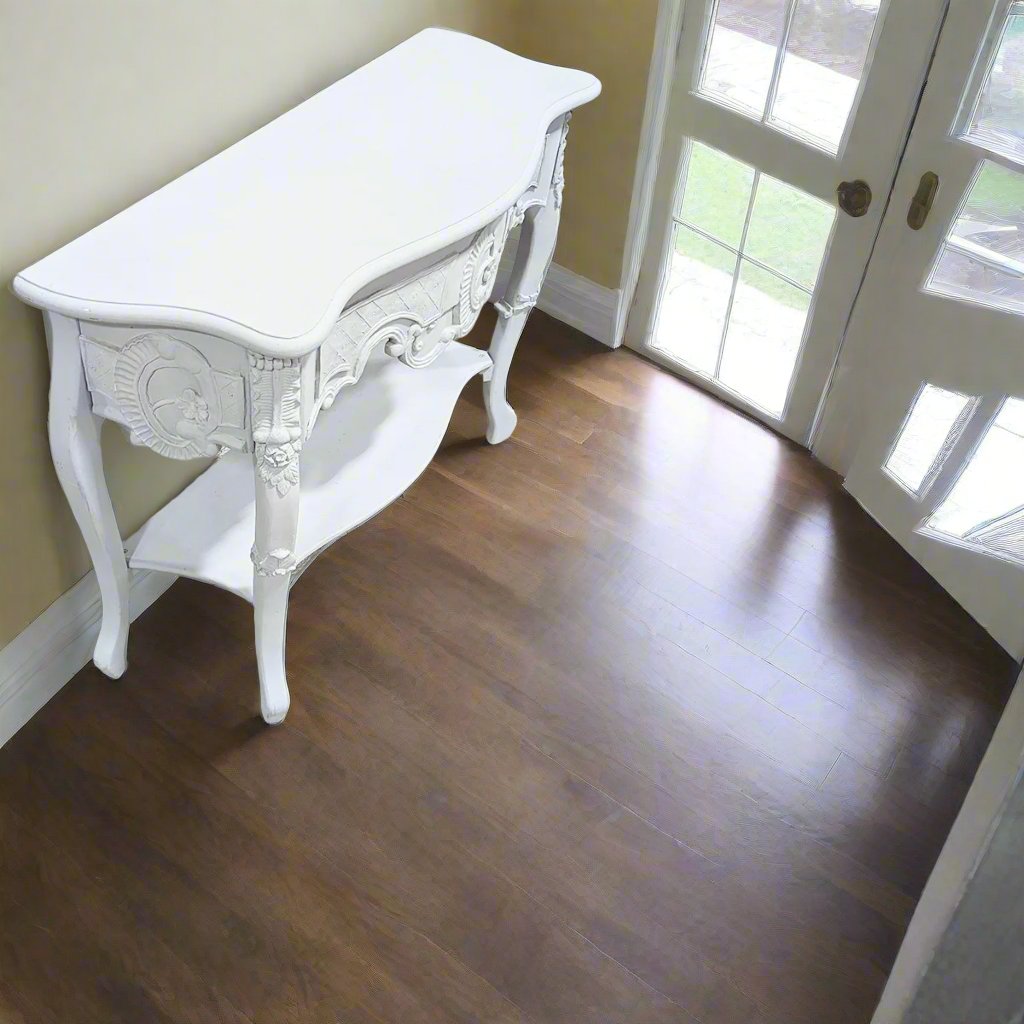 Gray Hand Painted Carved Console Table Top View