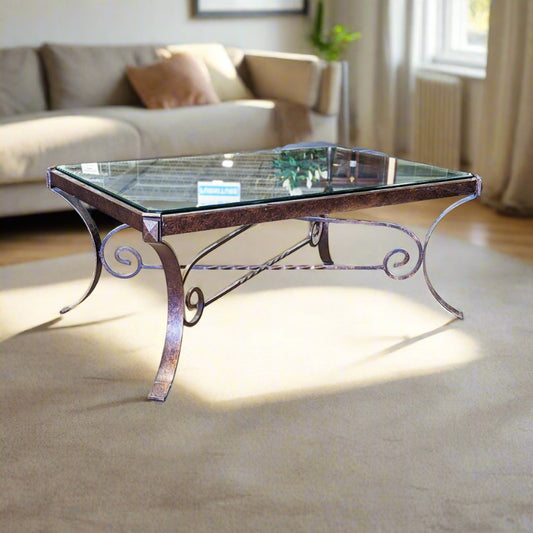Large Contemporary Bevel Glass Wrought Iron Coffee Table