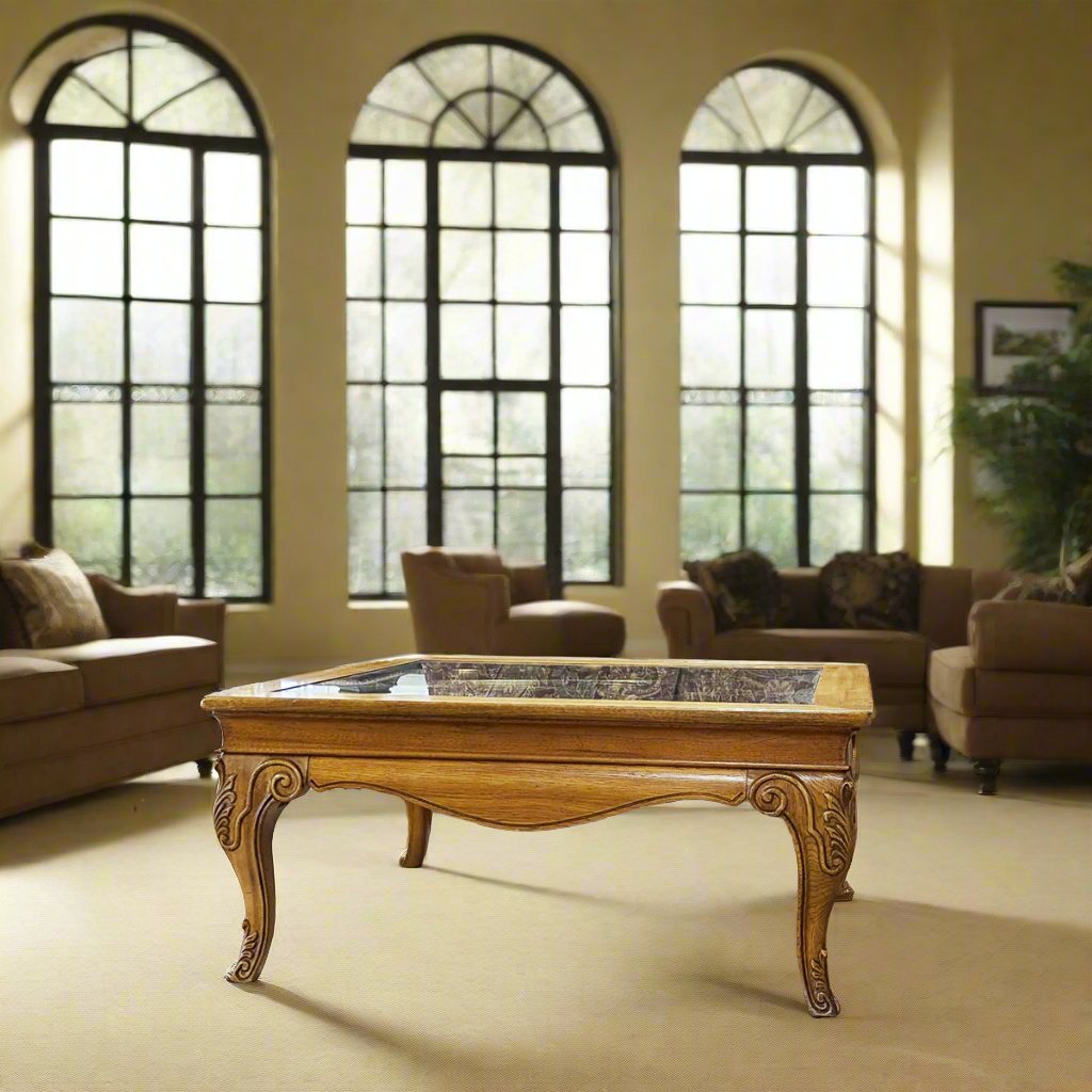 Large Square Glass Top Wrought Iron Oak Coffee Table