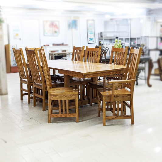 Mission Style Dining Table, 3 Leaves + 8 Chairs