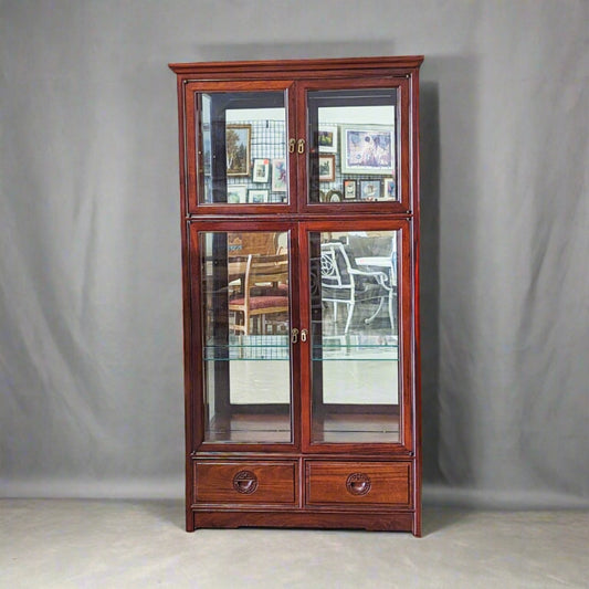 Oriental Hardwood Mirrored Display Cabinet w/Glass Shelves