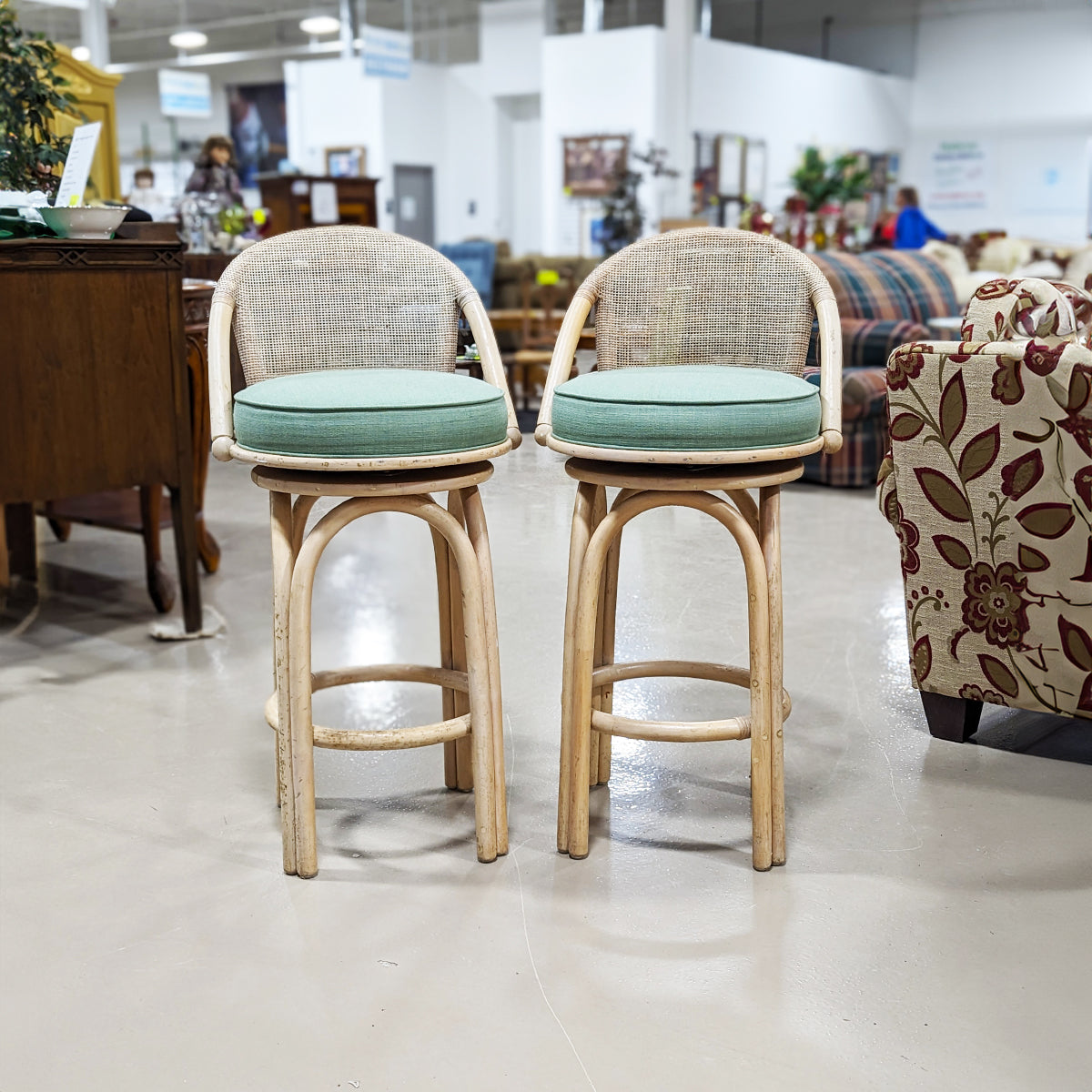 PAIR Vintage Bamboo and Cane Back Swivel Bar Stools - Habroc - Online ReStore