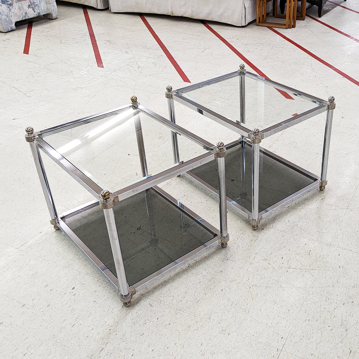PAIR Chrome Glass Two-Tiered End Tables - Habroc - Online ReStore