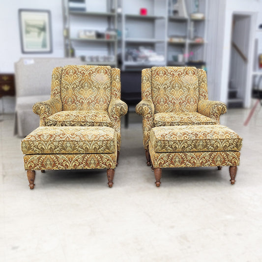 PAIR Sherrill Paisley Armchairs + Ottomans (Sold Separately)