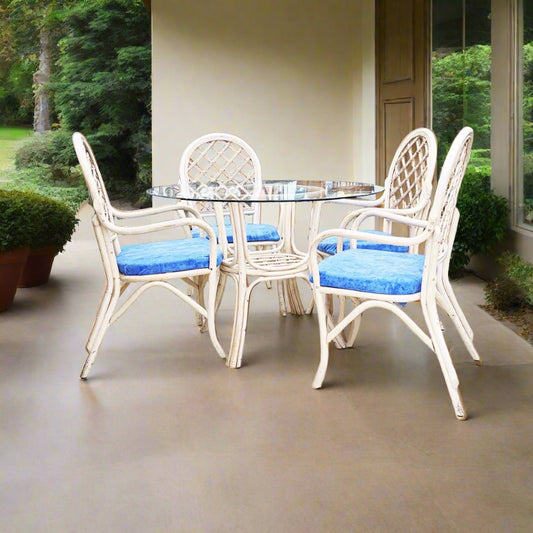 Rattan Glass Top Table + 4 Chairs w/Blue Cushions - Habroc - Online ReStore