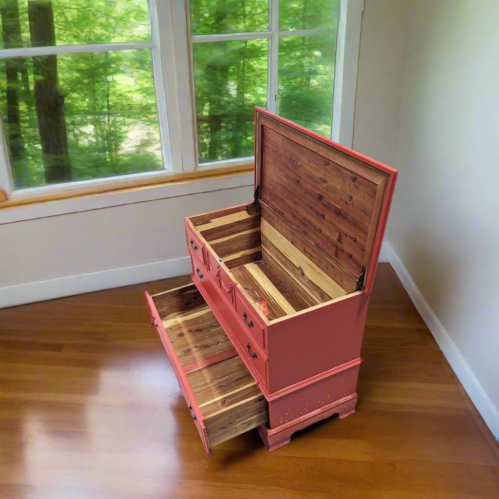 Roos Cedar Chest Red Painted Side Top  Open View