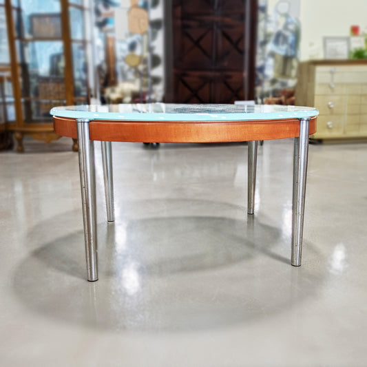 Round Frosted Glass Wood Chrome Coffee Table