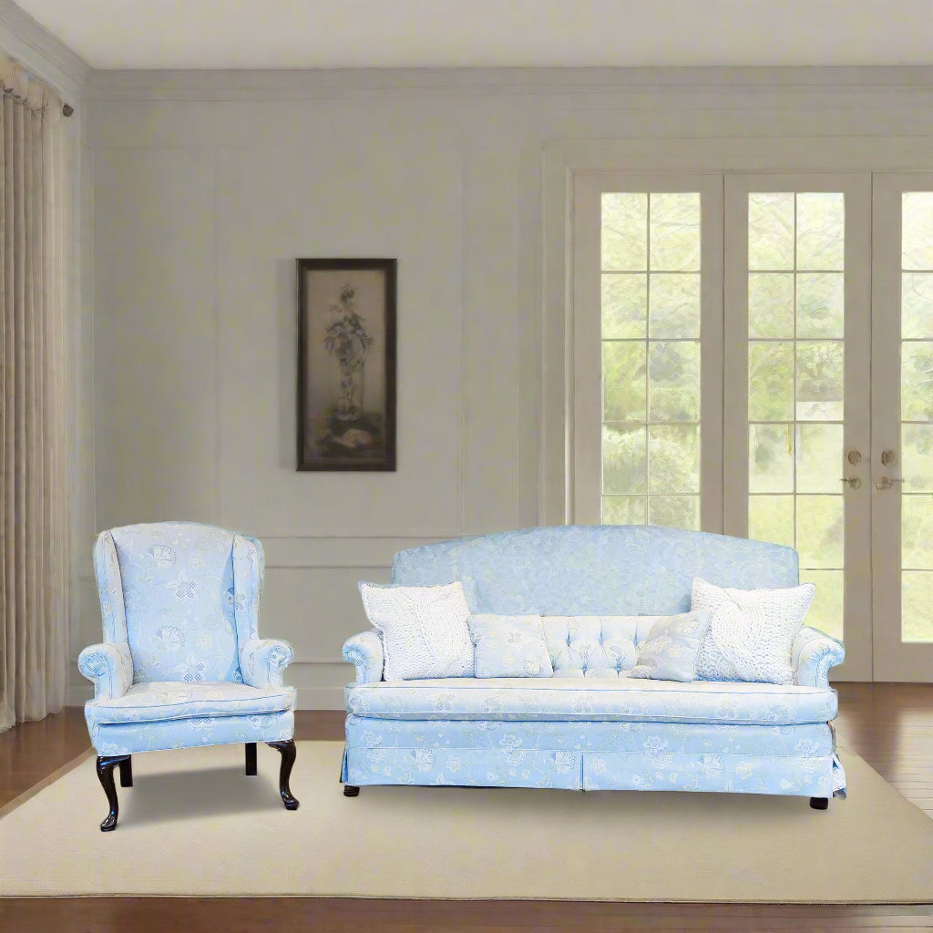 SET 2 Light Blue Floral Sleeper Sofa & Wingback Chair