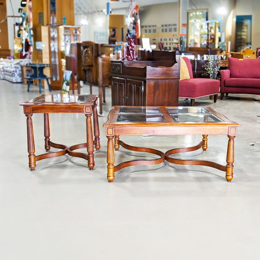 SET 2 Mahogany Glass Top Coffee & End Table - Habroc - Online ReStore