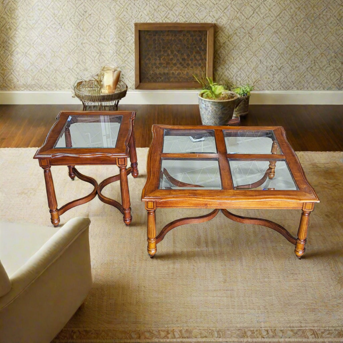 SET 2 Mahogany Glass Top Coffee & End Table - Habroc - Online ReStore
