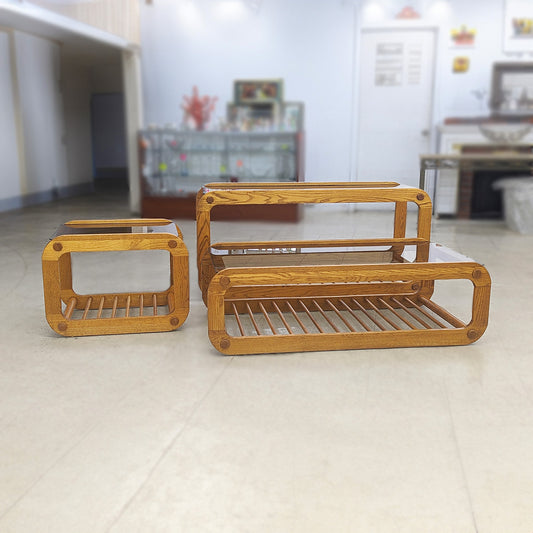 SET 3 Glass Slatted Wood Tables - Habroc - Online ReStore