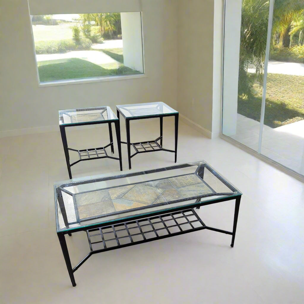 SET 3 Modern Glass-Top 3-Piece Coffee and End Tables Top View