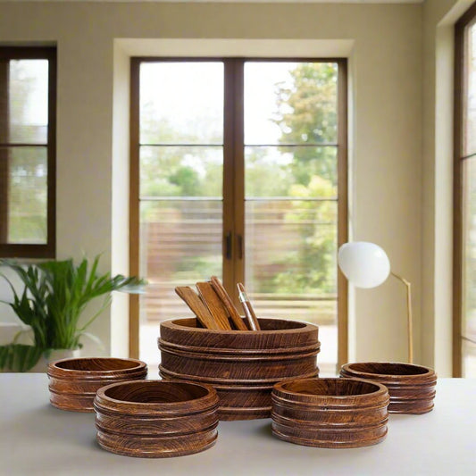 SET 9 Retro Teak Salad Bowls & Utensils