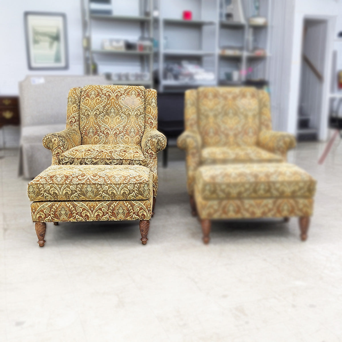 PAIR Sherrill Paisley Armchairs + Ottomans (Sold Separately) - Habroc - Online ReStore