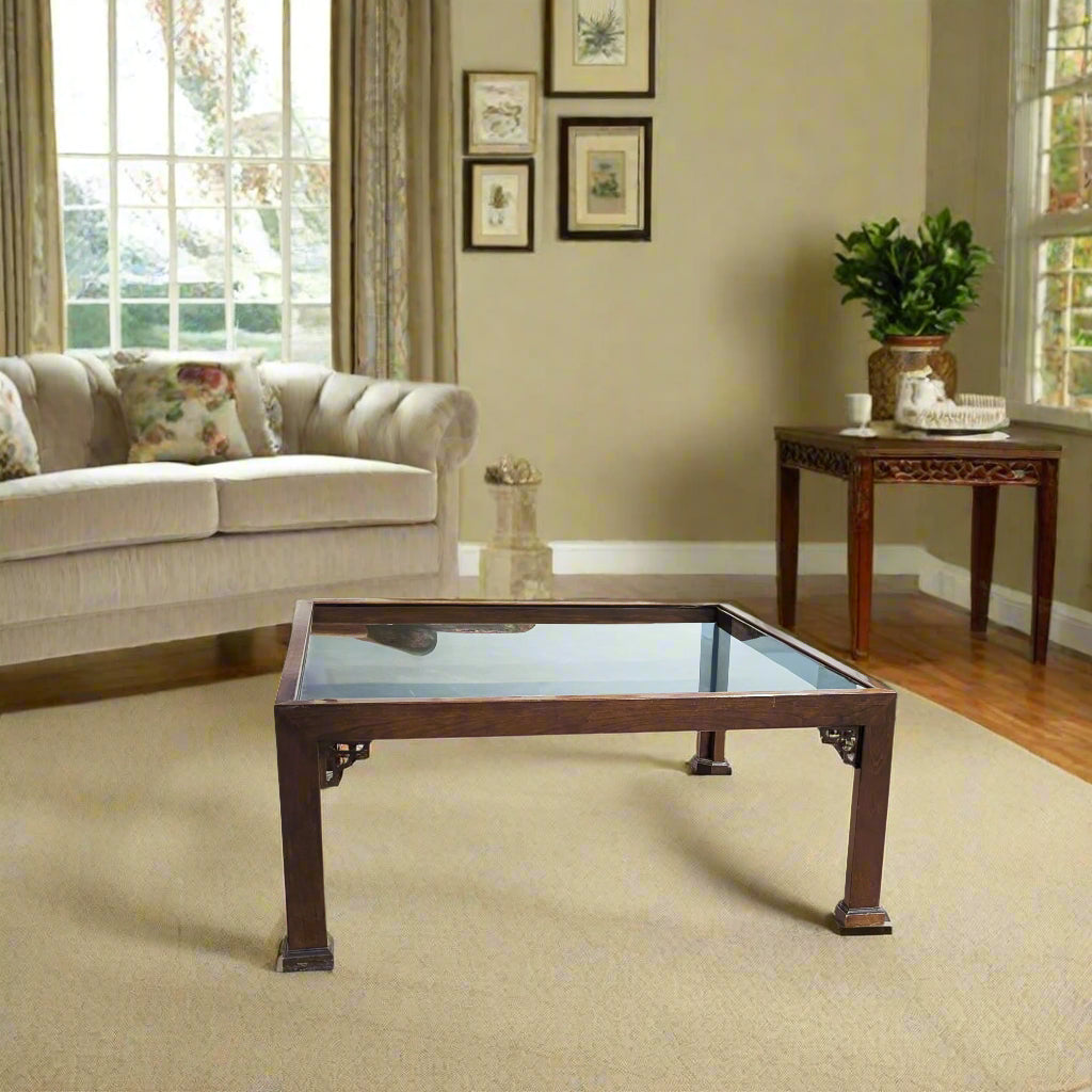 Square Vintage Glass Top Chinoiserie Coffee Table