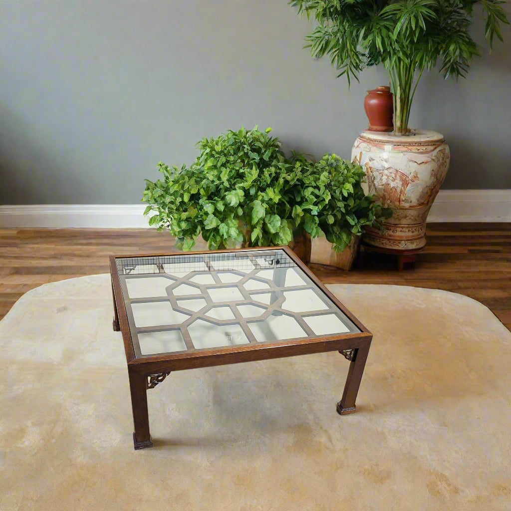 Square Vintage Glass Top Chinoiserie Coffee Table Top View