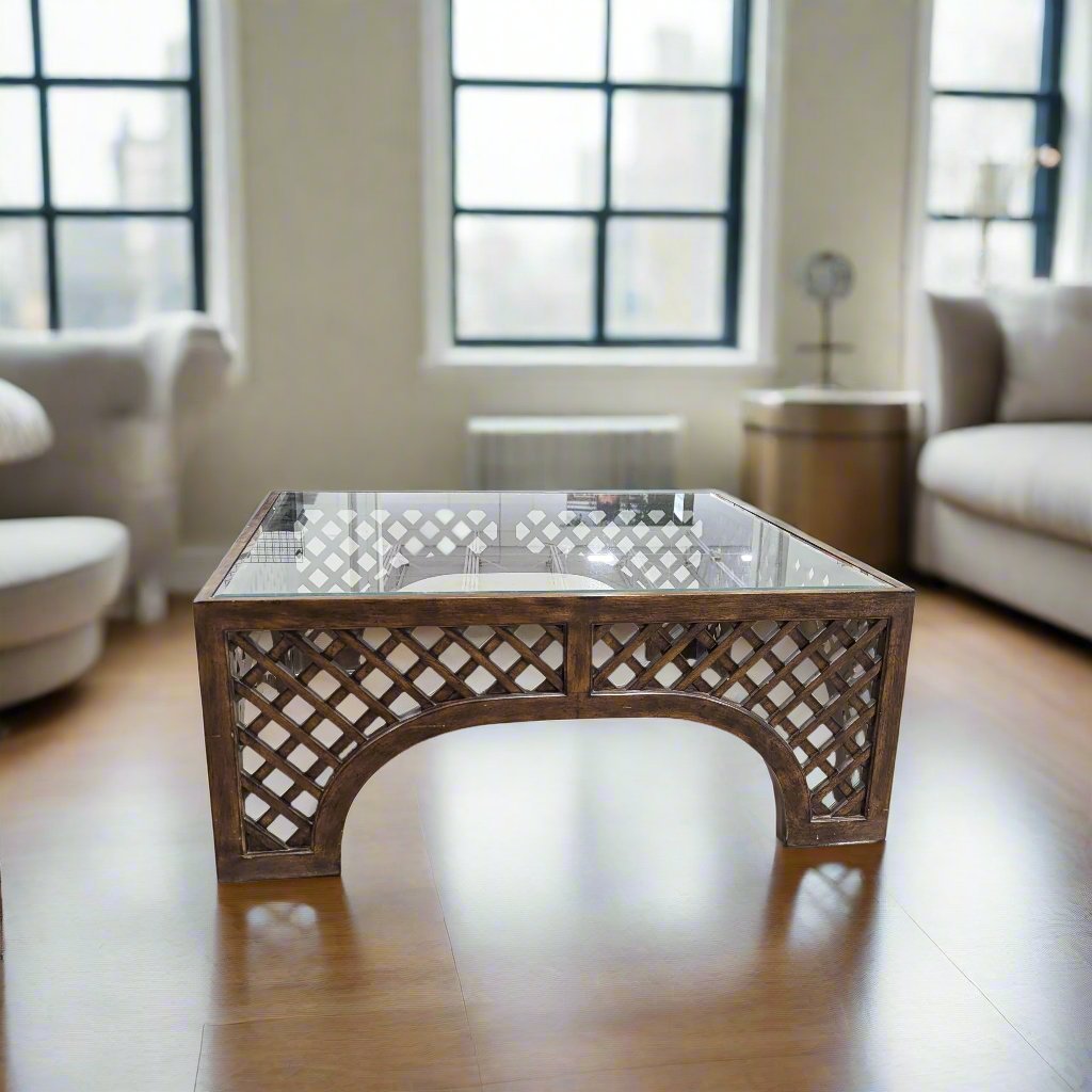 Square Wood Lattice Glass Top Coffee Table