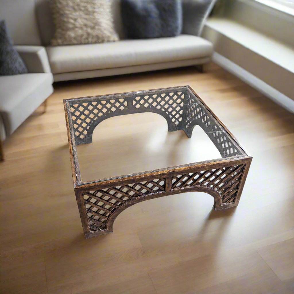 Square Wood Lattice Glass Top Coffee Table Top View