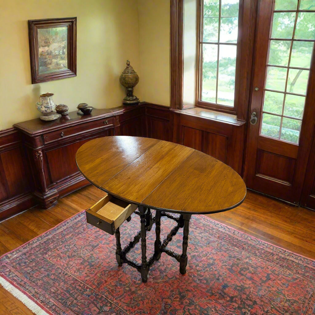 Vintage Antique Mahogany Gate Leg Drop Leaf Table w/Drawer Open Top View