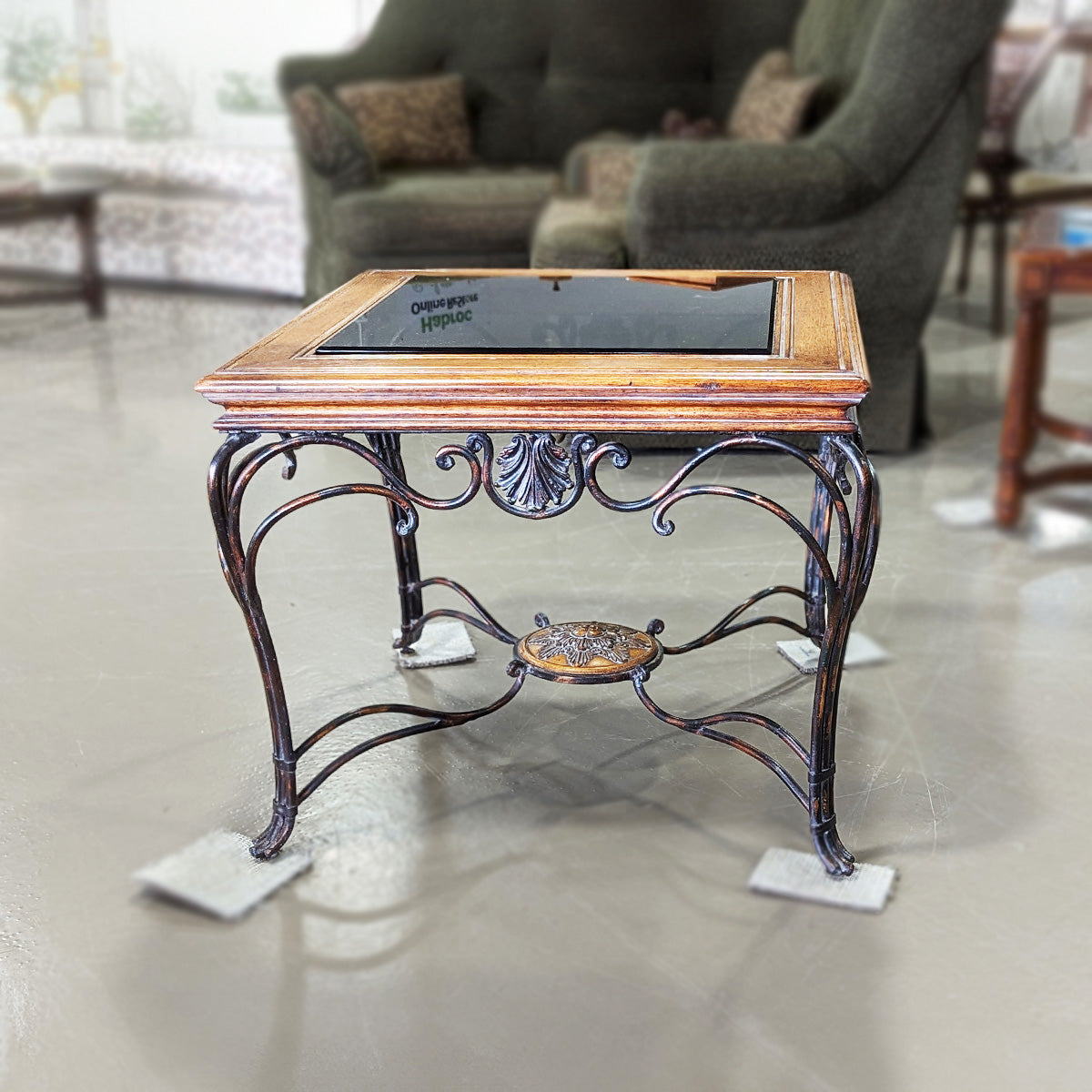 Wood Smoked Glass Wrought Iron End Table - Habroc - Online ReStore