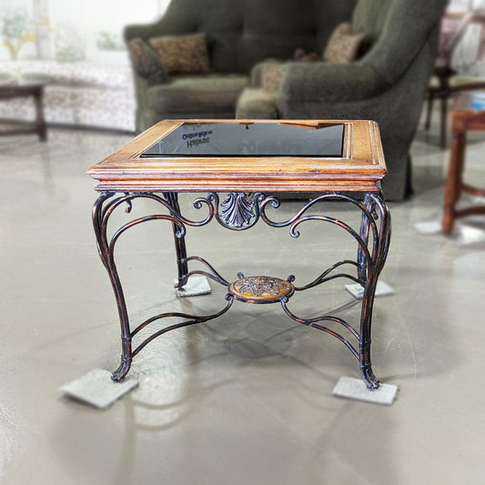 Wood Smoked Glass Wrought Iron End Table