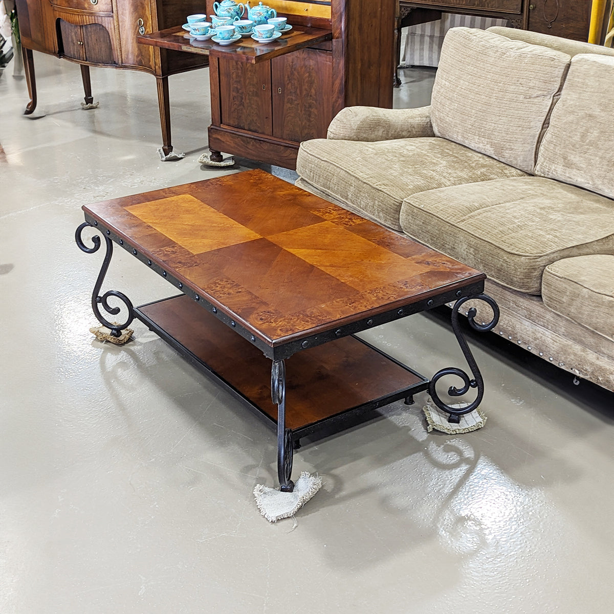 Wrought Iron & Mahogany Two Tier Coffee Table - Habroc - Online ReStore